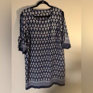 Bali Navy Blue Patterned Women's Dress, 3/4 Sleeves w/Ties. Hem detail.